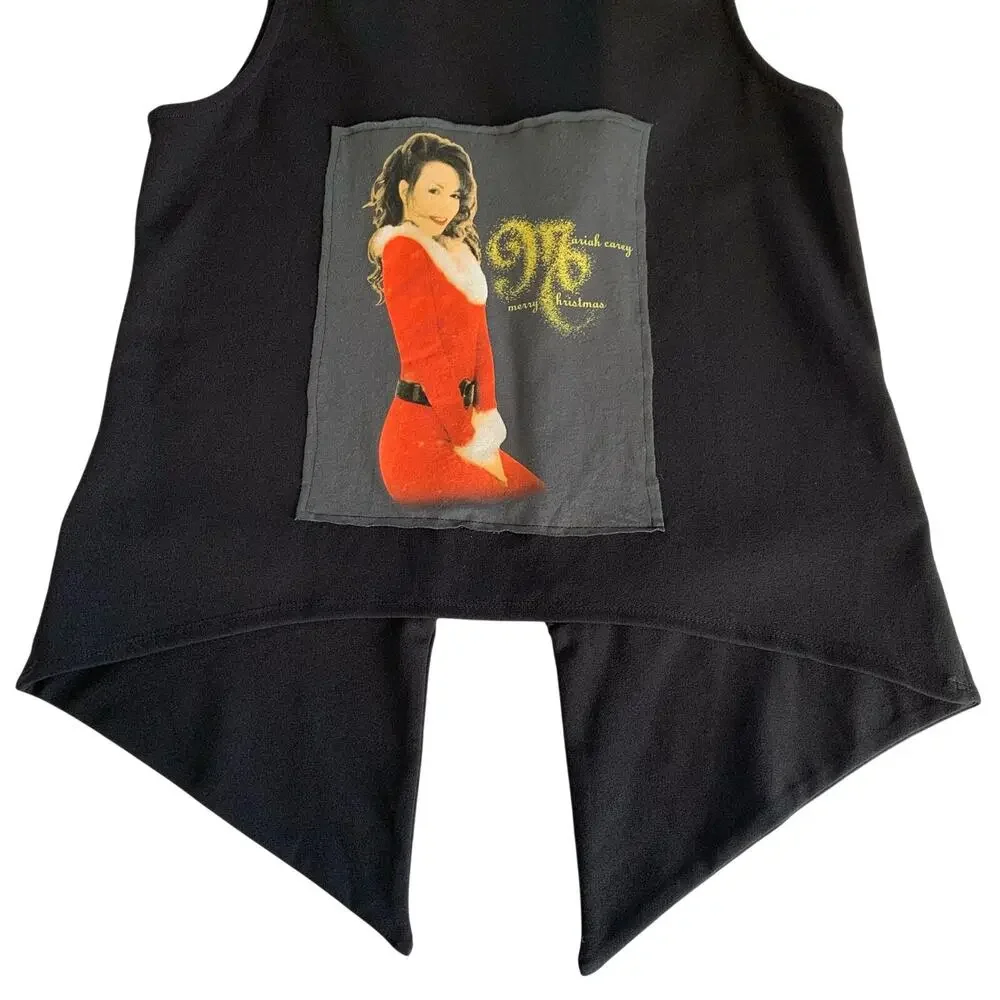 Reworked Apparel Mariah Carey Christmas Graphic Black Custom Upcycled Vest Small
